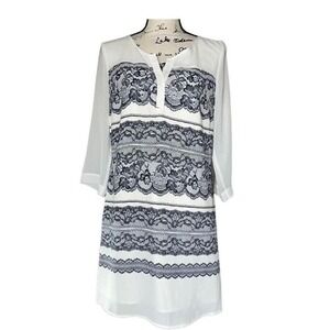Under Skies Navy Blue Lace Print 3/4 Sleeve Tunic Dress Size M